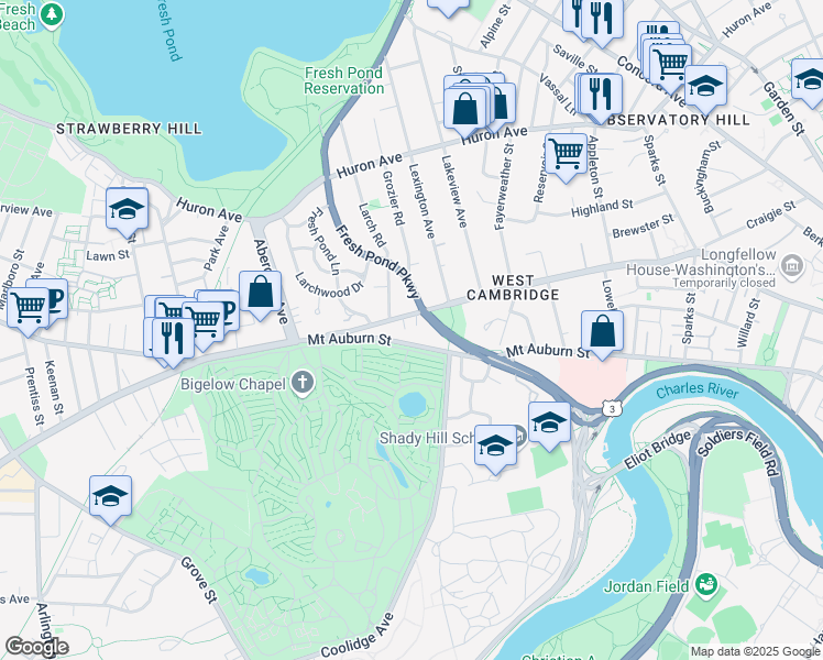 map of restaurants, bars, coffee shops, grocery stores, and more near 4 Brattle Circle in Cambridge