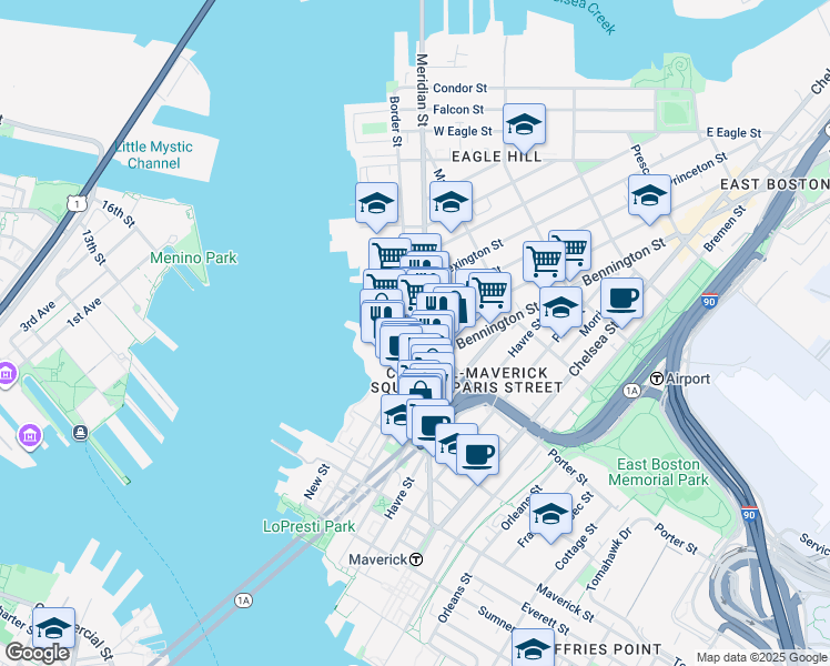 map of restaurants, bars, coffee shops, grocery stores, and more near 210 Border Street in Boston