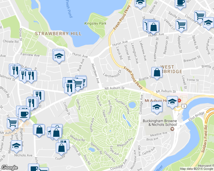 map of restaurants, bars, coffee shops, grocery stores, and more near 583 Mt Auburn St in Cambridge