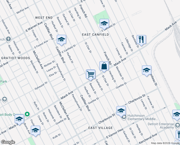 map of restaurants, bars, coffee shops, grocery stores, and more near 3730 Bewick Street in Detroit