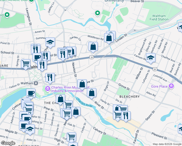 map of restaurants, bars, coffee shops, grocery stores, and more near 19 Centre Street in Waltham