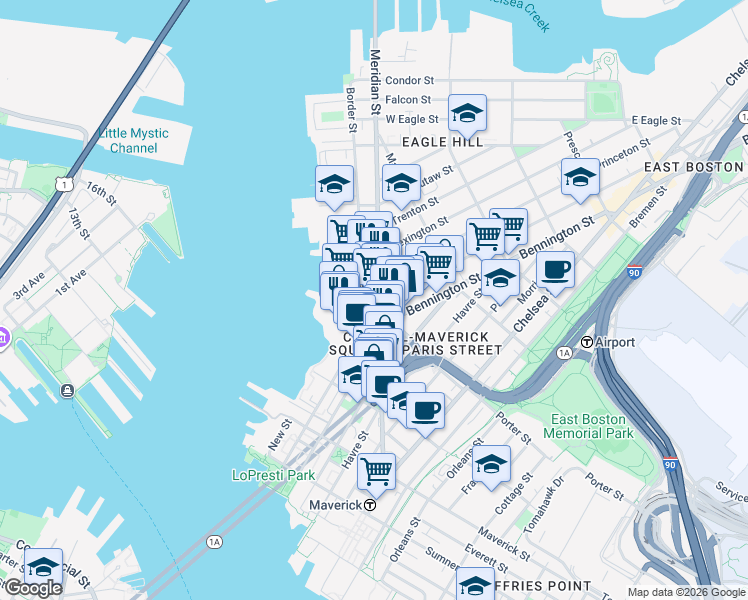 map of restaurants, bars, coffee shops, grocery stores, and more near 210 Border Street in Boston