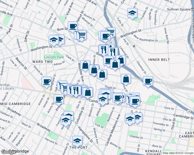 map of restaurants, bars, coffee shops, grocery stores, and more near 808 Windsor Street in Somerville