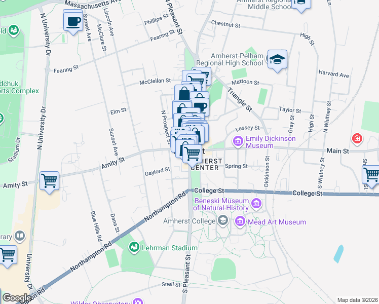 map of restaurants, bars, coffee shops, grocery stores, and more near in Amherst
