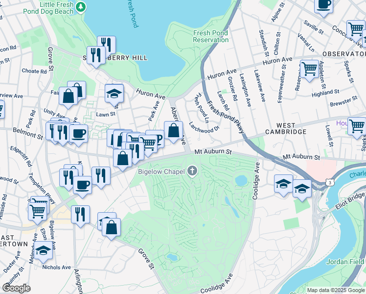 map of restaurants, bars, coffee shops, grocery stores, and more near 4118 Mount Auburn Street in Cambridge
