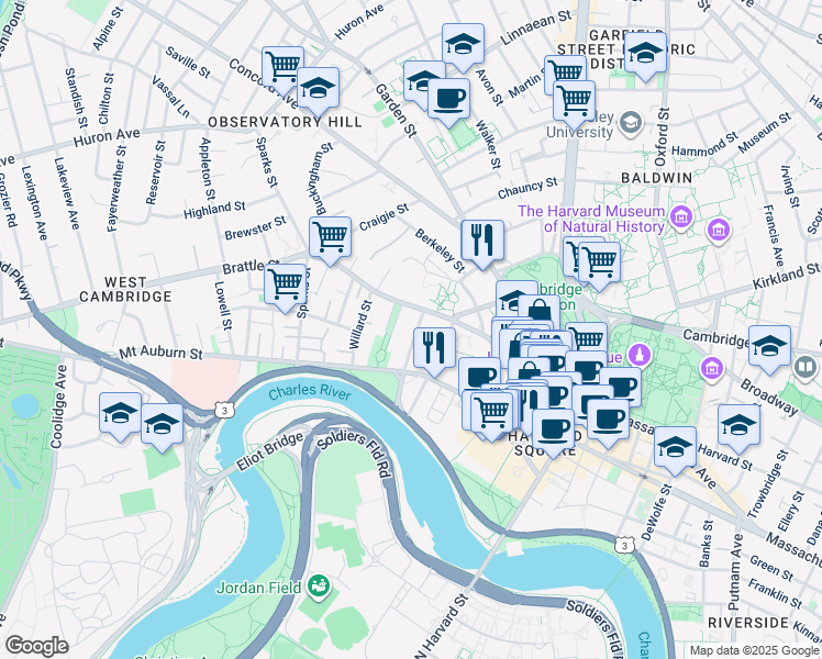map of restaurants, bars, coffee shops, grocery stores, and more near 15 Hawthorn Street in Cambridge