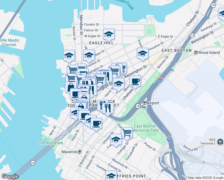 map of restaurants, bars, coffee shops, grocery stores, and more near 229 Havre Street in Boston