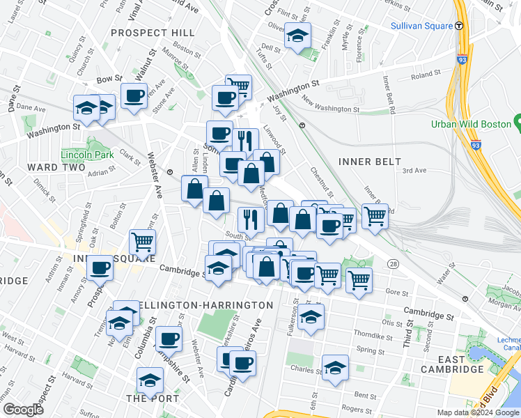 map of restaurants, bars, coffee shops, grocery stores, and more near 41 Horace Street in Somerville