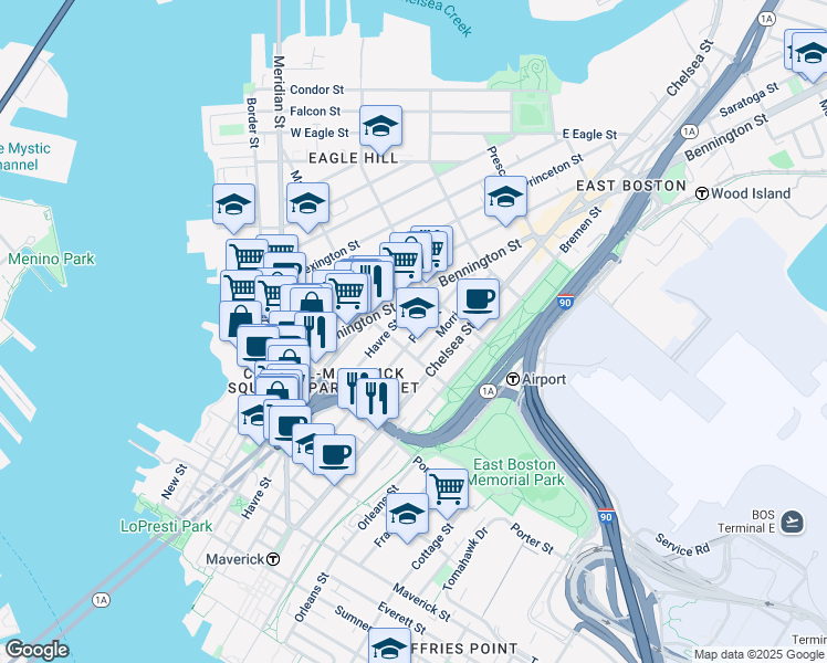 map of restaurants, bars, coffee shops, grocery stores, and more near 244 Paris Street in Boston