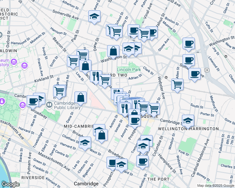 map of restaurants, bars, coffee shops, grocery stores, and more near 94 Concord Avenue in Somerville