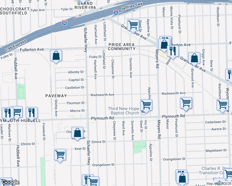 map of restaurants, bars, coffee shops, grocery stores, and more near 12000 Cheyenne Street in Detroit