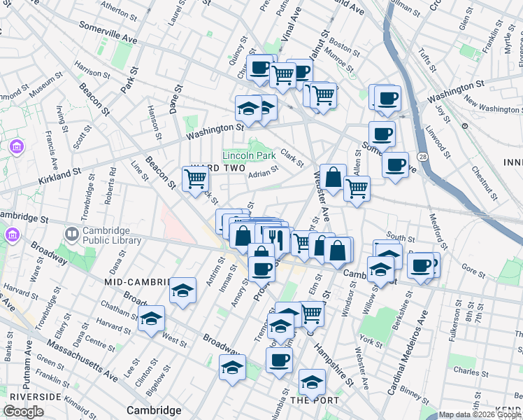map of restaurants, bars, coffee shops, grocery stores, and more near 25 Houghton Street in Somerville