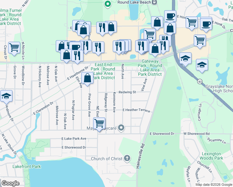 map of restaurants, bars, coffee shops, grocery stores, and more near 1425 Kenmore Avenue in Round Lake Beach