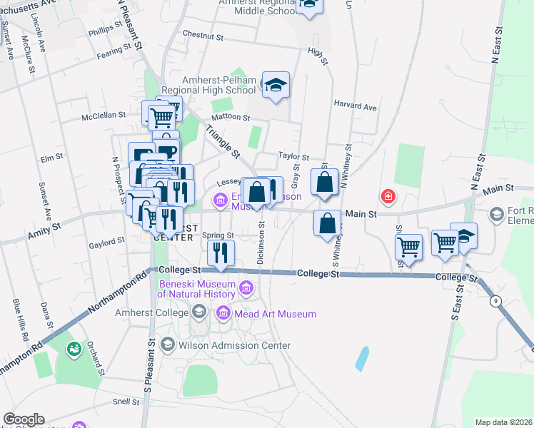 map of restaurants, bars, coffee shops, grocery stores, and more near 24 Dickinson Street in Amherst