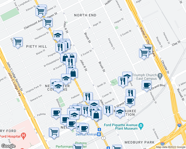 map of restaurants, bars, coffee shops, grocery stores, and more near 226 Marston Street in Detroit