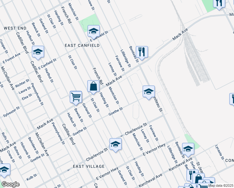 map of restaurants, bars, coffee shops, grocery stores, and more near 3463 Montclair Street in Detroit