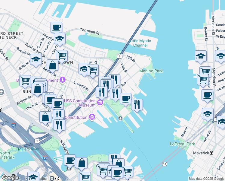 map of restaurants, bars, coffee shops, grocery stores, and more near 100 1st Avenue in Boston