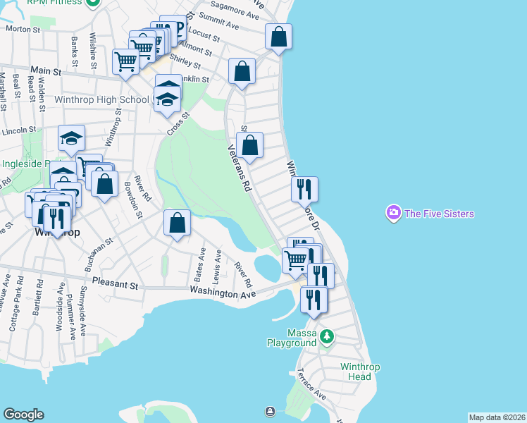 map of restaurants, bars, coffee shops, grocery stores, and more near 359 Shirley Street in Winthrop