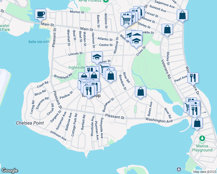 map of restaurants, bars, coffee shops, grocery stores, and more near 156 Winthrop Street in Winthrop