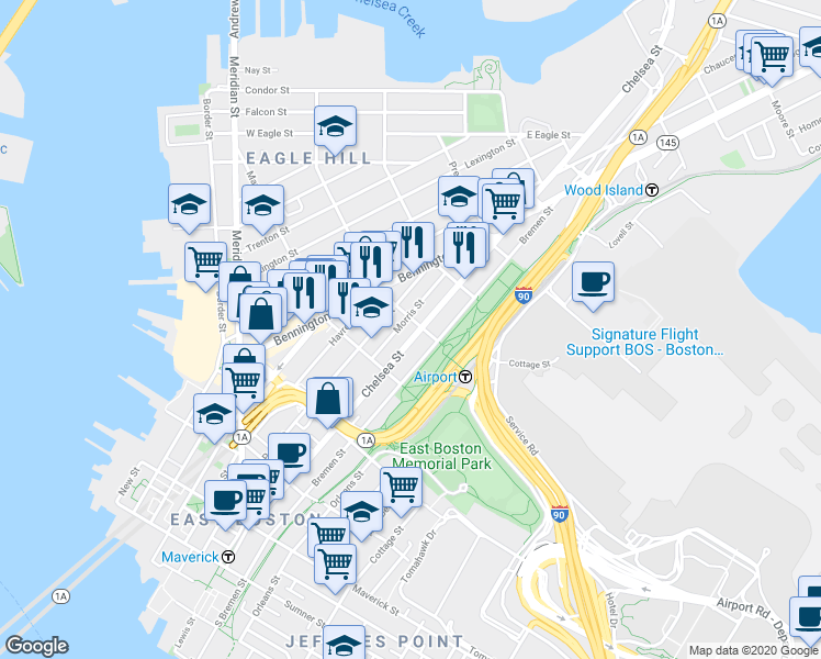 map of restaurants, bars, coffee shops, grocery stores, and more near 217 Chelsea Street in Boston