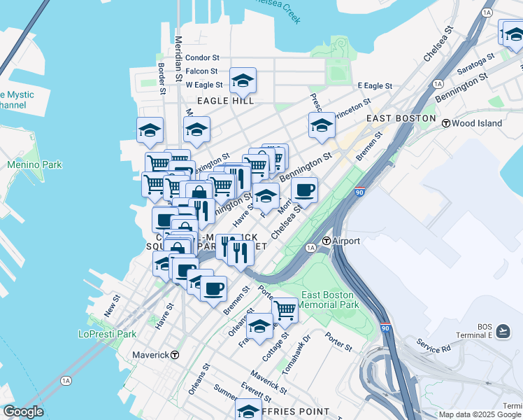 map of restaurants, bars, coffee shops, grocery stores, and more near 223 Marion Street in Boston