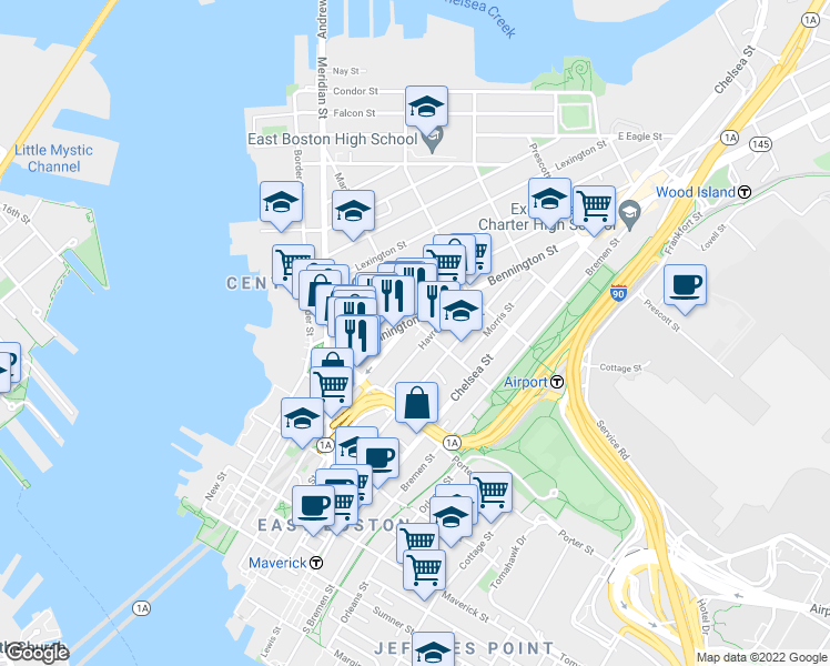map of restaurants, bars, coffee shops, grocery stores, and more near 229 Havre Street in Boston