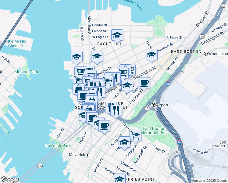 map of restaurants, bars, coffee shops, grocery stores, and more near 229 Havre Street in Boston