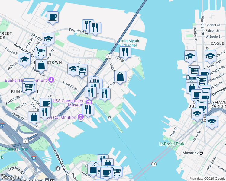 map of restaurants, bars, coffee shops, grocery stores, and more near 103 9th Street in Boston