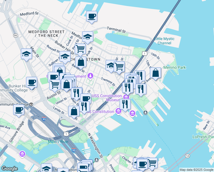 map of restaurants, bars, coffee shops, grocery stores, and more near 37 Mount Vernon Street in Boston