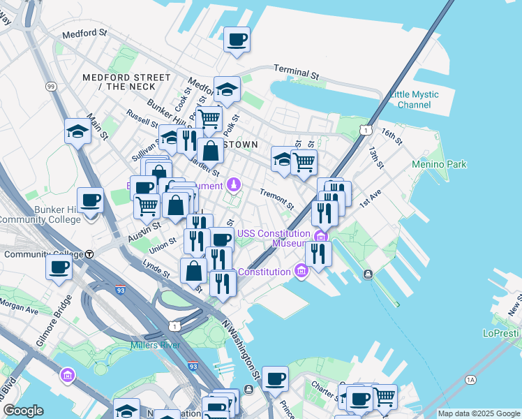 map of restaurants, bars, coffee shops, grocery stores, and more near 6 Wallace Court in Boston