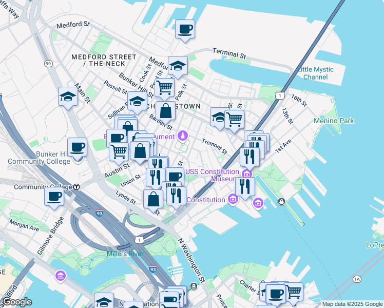map of restaurants, bars, coffee shops, grocery stores, and more near 6 Wallace Court in Boston