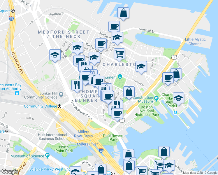 map of restaurants, bars, coffee shops, grocery stores, and more near 34A Pleasant Street in Boston
