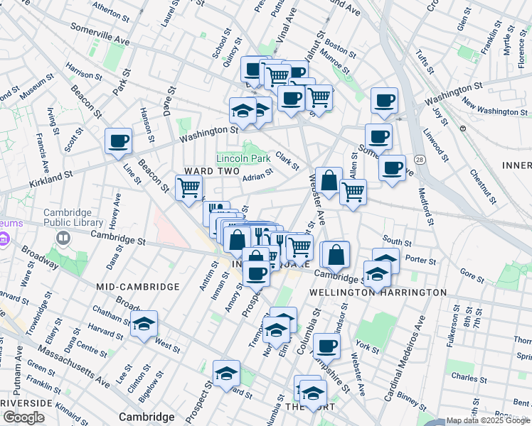 map of restaurants, bars, coffee shops, grocery stores, and more near 25 Houghton Street in Somerville