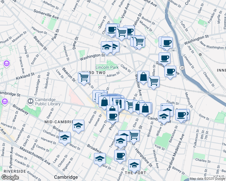map of restaurants, bars, coffee shops, grocery stores, and more near 25 Houghton Street in Somerville