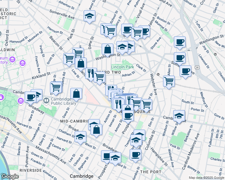 map of restaurants, bars, coffee shops, grocery stores, and more near 17 Hammond Street in Somerville