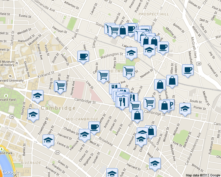 map of restaurants, bars, coffee shops, grocery stores, and more near 17 Hammond Street in Somerville