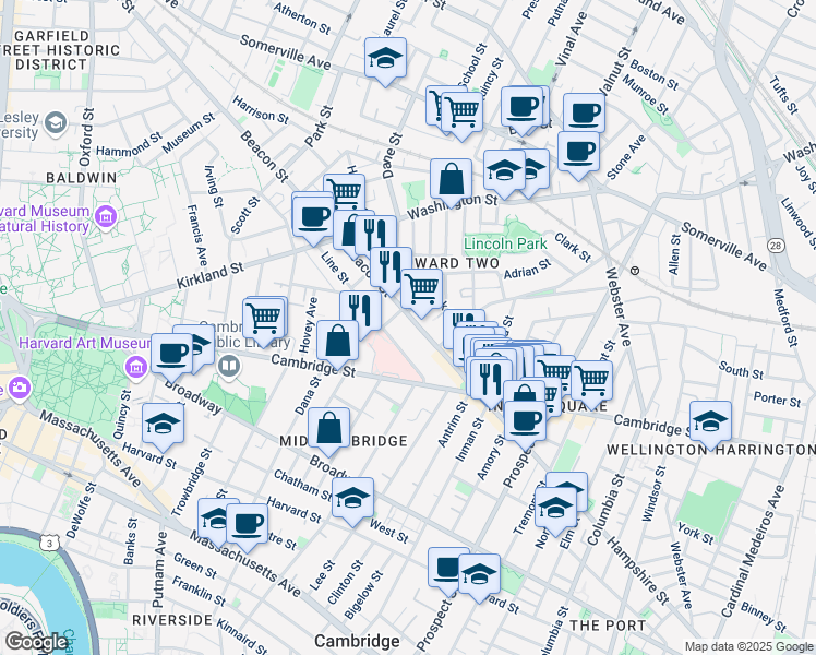 map of restaurants, bars, coffee shops, grocery stores, and more near 28 Beacon Street in Somerville