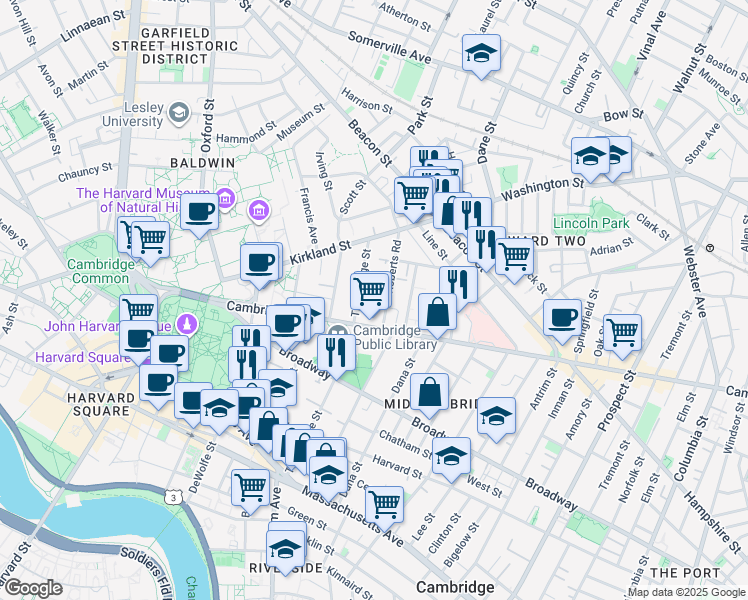 map of restaurants, bars, coffee shops, grocery stores, and more near 1629 Cambridge Street in Cambridge