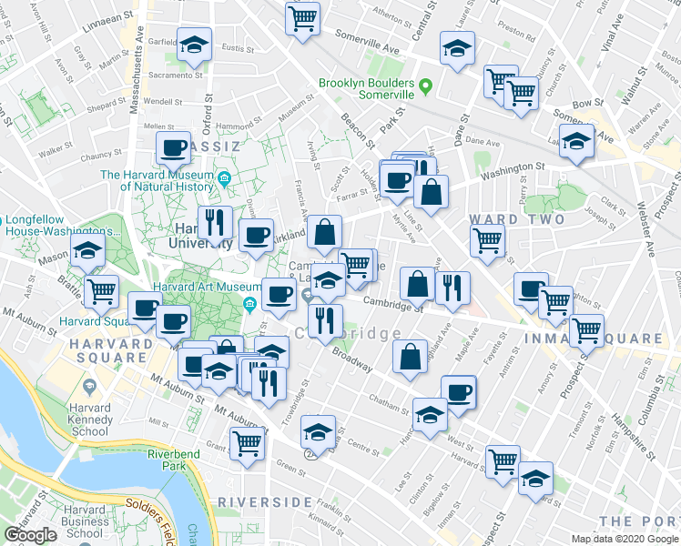 map of restaurants, bars, coffee shops, grocery stores, and more near 1655 Cambridge Street in Cambridge