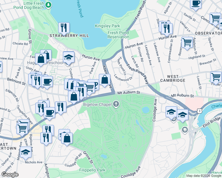 map of restaurants, bars, coffee shops, grocery stores, and more near 4118 Mount Auburn Street in Cambridge