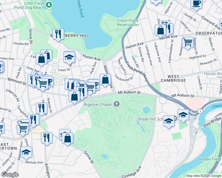 map of restaurants, bars, coffee shops, grocery stores, and more near 4118 Mount Auburn Street in Cambridge