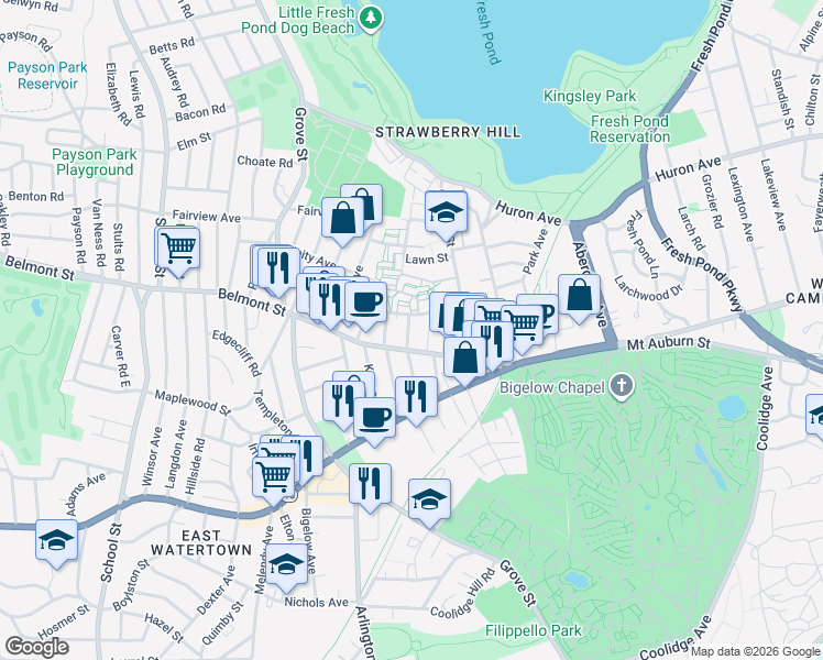 map of restaurants, bars, coffee shops, grocery stores, and more near 82 Belmont Street in Watertown