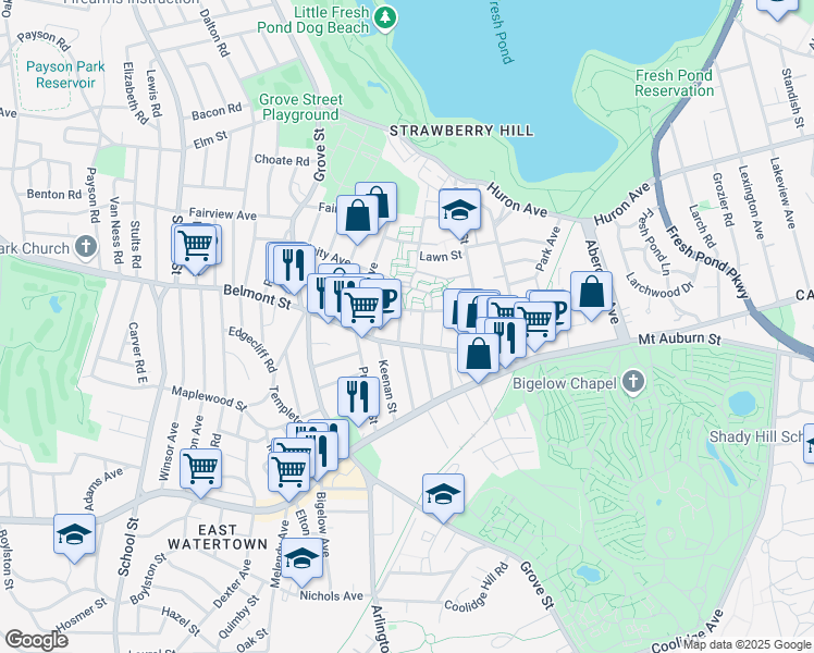 map of restaurants, bars, coffee shops, grocery stores, and more near 82 Belmont Street in Watertown