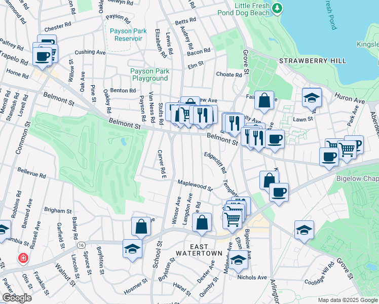 map of restaurants, bars, coffee shops, grocery stores, and more near 121 Winsor Avenue in Watertown