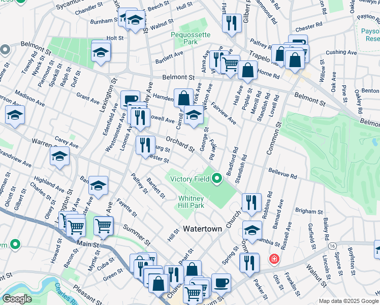 map of restaurants, bars, coffee shops, grocery stores, and more near 26 Lawrence Street in Watertown