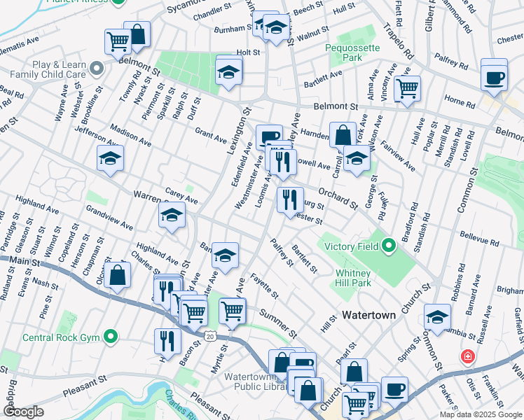 map of restaurants, bars, coffee shops, grocery stores, and more near 22 Downey Street in Watertown