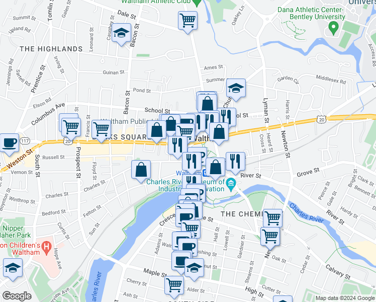 map of restaurants, bars, coffee shops, grocery stores, and more near 75 Moody Street in Waltham
