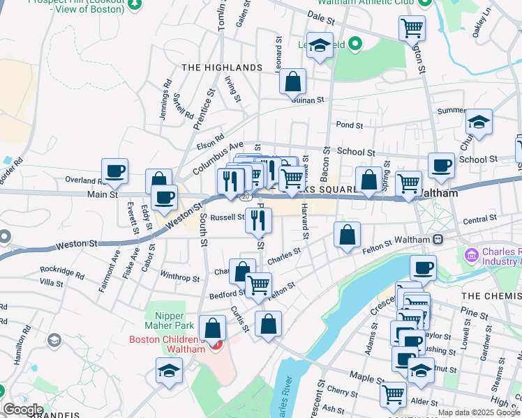 map of restaurants, bars, coffee shops, grocery stores, and more near 23 Prospect Street in Waltham