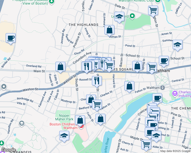 map of restaurants, bars, coffee shops, grocery stores, and more near 23 Prospect Street in Waltham