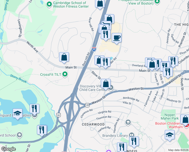 map of restaurants, bars, coffee shops, grocery stores, and more near 22 Colburn Street in Waltham